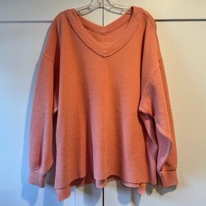 Aerie Coral V-Neck Oversized Textured Wonder Sweatshirt